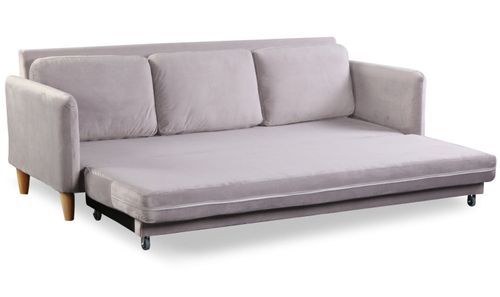 Canapé lit 3 places velours argenté et pieds bois clair Lix 210 cm - Photo n°2; ?>