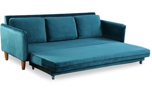 Canapé lit 3 places velours bleu et pieds bois clair Lix 210 cm - Photo n°2; ?>