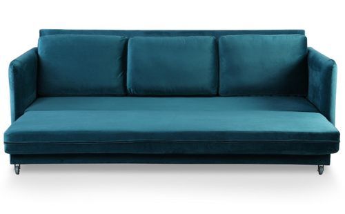 Canapé lit 3 places velours bleu et pieds bois clair Lix 210 cm - Photo n°3; ?>