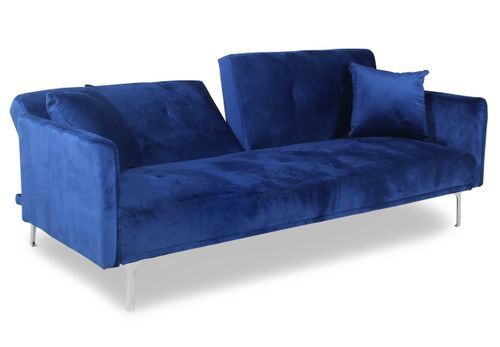 Canapé lit 3 places velours bleu et pieds métal gris Mindy - Photo n°2; ?>
