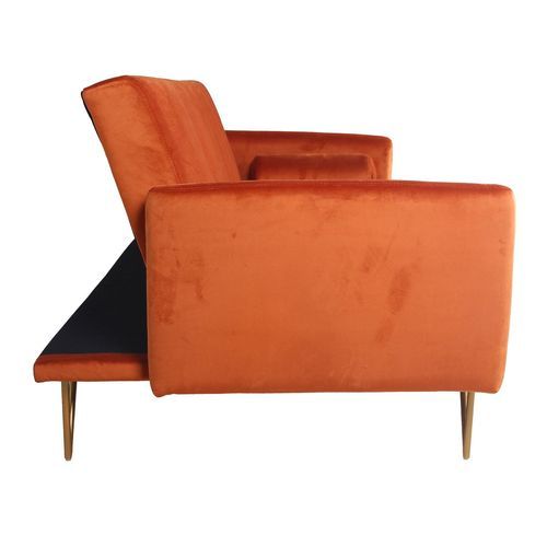 Canapé lit 3 places velours orange et pieds métal dorés Lokane - Photo n°3; ?>