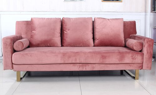 Canapé lit 3 places velours rose et pieds métal doré Lunna - Photo n°2; ?>