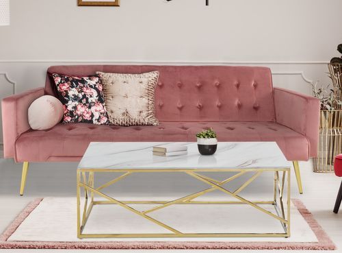 Canapé lit 3 places velours rose et pieds métal doré Justine 175 cm - Photo n°2; ?>