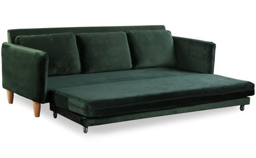 Canapé lit 3 places velours vert et pieds bois clair Lix 210 cm - Photo n°2; ?>