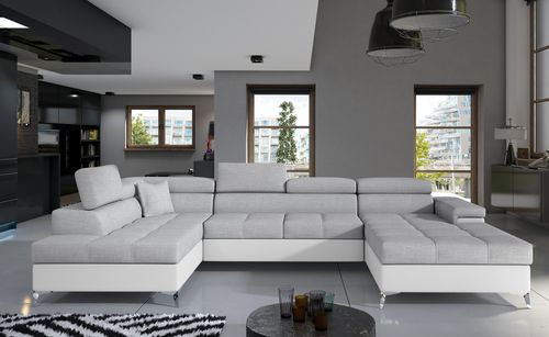 Canapé panoramique bi-matières tissu gris clair et simili cuir blanc coffre de rangement à gauche Kutty 345 cm - Photo n°2; ?>