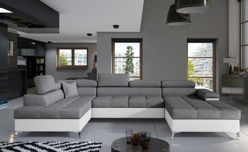 Canapé panoramique bi-matières tissu gris et simili cuir blanc coffre de rangement à gauche Kutty 345 cm - Photo n°2; ?>