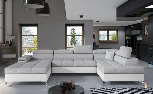 Canapé panoramique bi-matières tissu gris clair et simili cuir blanc coffre de rangement à droite Kutty 345 cm - Photo n°2; ?>