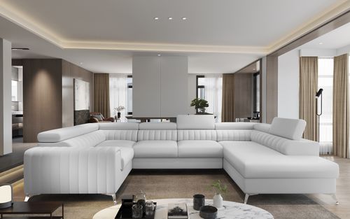 Canapé panoramique convertible simili cuir blanc avec coffre de rangement Louve 340 cm - Photo n°2; ?>