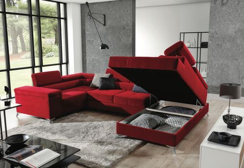 Canapé panoramique convertible velours rouge avec coffre de rangement Triano 342 cm - Photo n°2; ?>