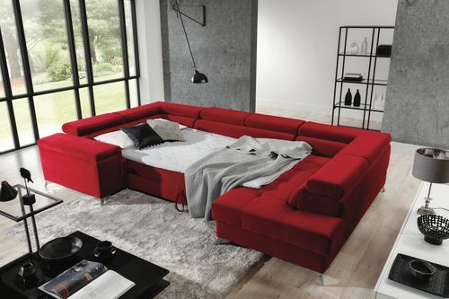 Canapé panoramique convertible velours rouge avec coffre de rangement Triano 342 cm - Photo n°3; ?>