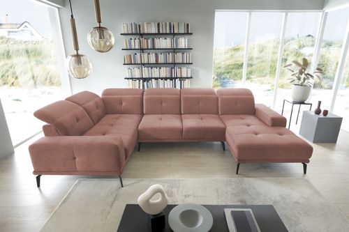 Canapé panoramique design tissu rose têtières angle gauche avec accoudoir Stan 350 cm - Photo n°3; ?>