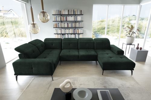 Canapé panoramique design velours vert foncé têtières angle gauche avec accoudoir Stan 350 cm - Photo n°3; ?>