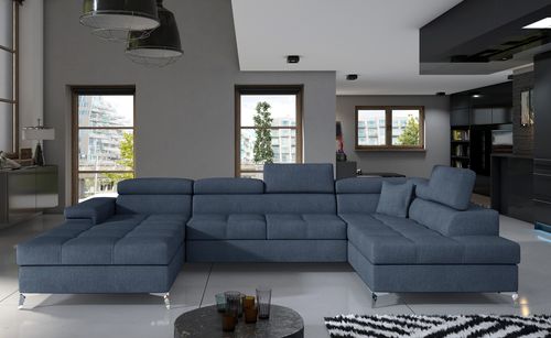 Canapé panoramique tissu bleu jean coffre de rangement à droite Kutty 345 cm - Photo n°2; ?>