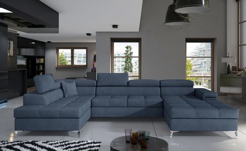 Canapé panoramique tissu bleu jean coffre de rangement à gauche Kutty 345 cm - Photo n°2; ?>