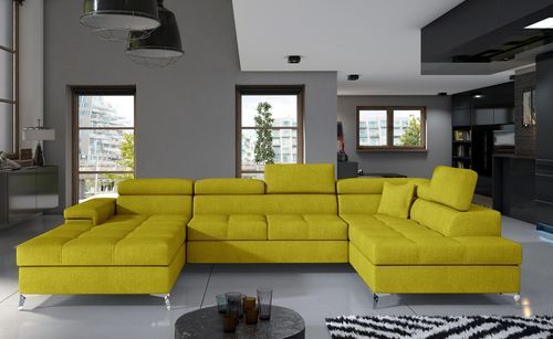 Canapé panoramique tissu jaune coffre de rangement à droite Kutty 345 cm - Photo n°2; ?>