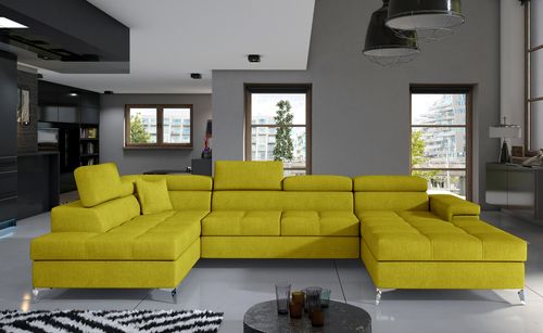 Canapé panoramique tissu jaune coffre de rangement à gauche Kutty 345 cm - Photo n°2; ?>