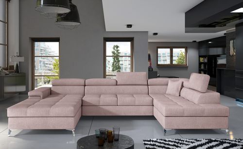 Canapé panoramique tissu rose clair coffre de rangement à droite Kutty 345 cm - Photo n°2; ?>