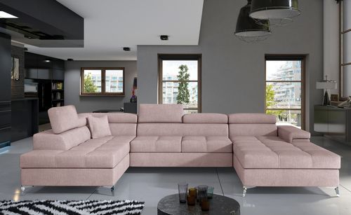 Canapé panoramique tissu rose clair coffre de rangement à gauche Kutty 345 cm - Photo n°2; ?>