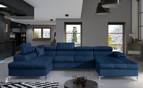 Canapé panoramique velours bleu foncé coffre de rangement à gauche Kutty 345 cm - Photo n°2; ?>