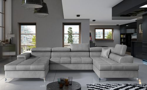 Canapé panoramique velours gris clair coffre de rangement à droite Kutty 345 cm - Photo n°2; ?>