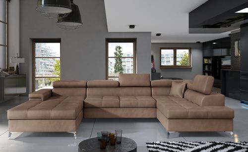 Canapé panoramique velours marron clair coffre de rangement à droite Kutty 345 cm - Photo n°2; ?>