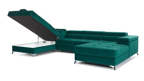 Canapé panoramique velours vert coffre de rangement à gauche Kutty 345 cm - Photo n°3; ?>