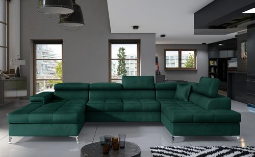 Canapé panoramique velours vert foncé coffre de rangement à droite Kutty 345 cm - Photo n°2; ?>