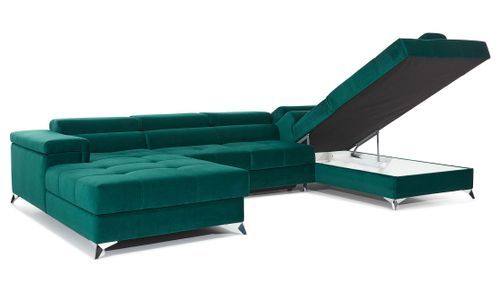 Canapé panoramique velours vert foncé coffre de rangement à droite Kutty 345 cm - Photo n°3; ?>