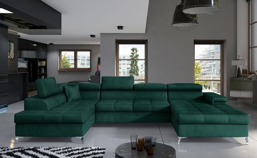 Canapé panoramique velours vert foncé coffre de rangement à gauche Kutty 345 cm - Photo n°2; ?>