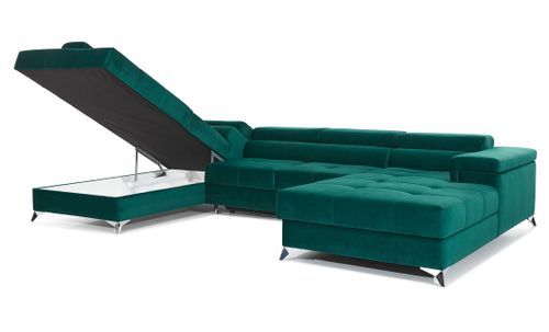 Canapé panoramique velours vert foncé coffre de rangement à gauche Kutty 345 cm - Photo n°3; ?>