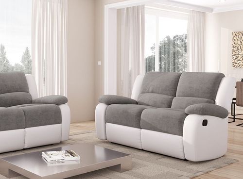 Canapé de relaxation manuel 2 places simili cuir blanc et microfibre gris Confort - Photo n°2; ?>