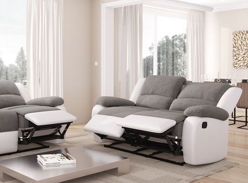 Canapé de relaxation manuel 2 places simili cuir blanc et microfibre gris Confort - Photo n°3; ?>