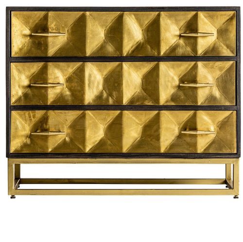 Commode 3 tiroirs métal doré et bois massif foncé Kopa 95 cm - Photo n°2; ?>