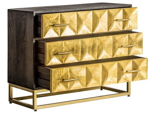 Commode 3 tiroirs métal doré et bois massif foncé Kopa 95 cm - Photo n°3; ?>