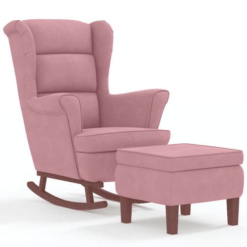 Chaise à bascule avec pieds en bois et tabouret Rose Velours - Photo n°2; ?>