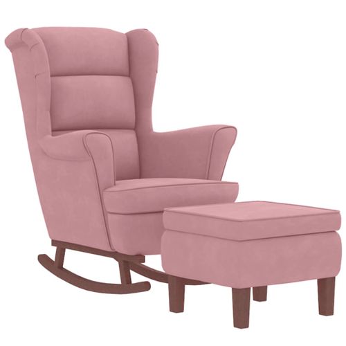 Chaise à bascule avec pieds en bois et tabouret Rose Velours - Photo n°3; ?>