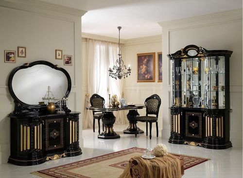 Chaise bois massif marron et assise tissu noir avec motifs dorés Kerla - Photo n°2; ?>