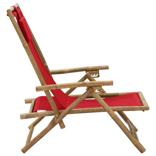 Chaise de relaxation inclinable Rouge Bambou et tissu - Photo n°3; ?>