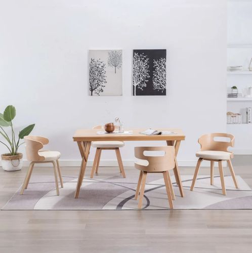 Chaise de salle à manger bois courbé clair et simili cuir beige Laetitia - Lot de 4 - Photo n°3; ?>