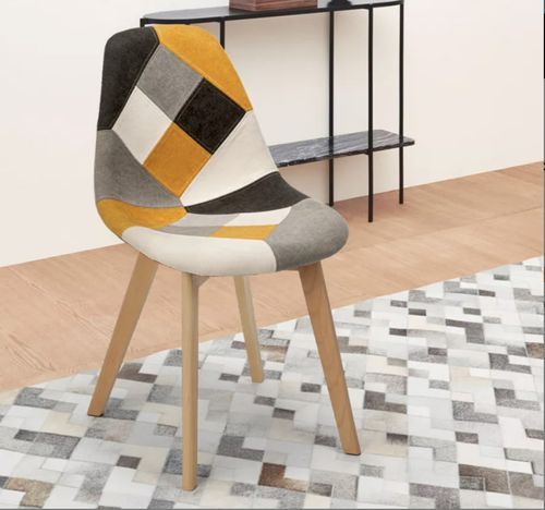 Chaise en tissu patchwork jaune, gris et pieds en bois naturel Vinto - Photo n°2; ?>