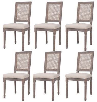 Chaise lin écru et dos canné et pieds bois massif Rohan - Lot de 6 - Photo n°3; ?>