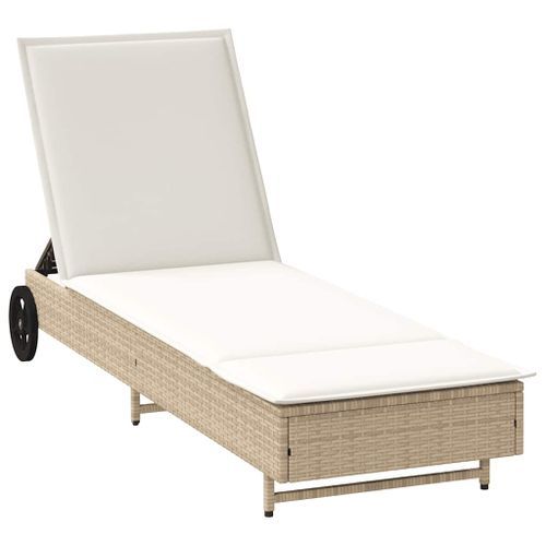 Chaise longue avec roues et coussin beige résine tressée - Photo n°2; ?>