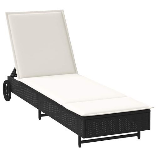 Chaise longue avec roues et coussin noir résine tressée - Photo n°2; ?>