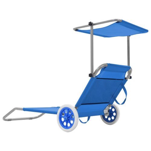 Chaise longue pliable à roulettes tissu bleu et métal Durra - Photo n°2; ?>