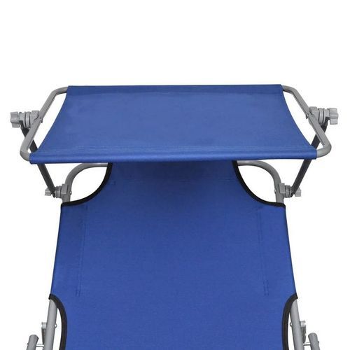 Chaise longue pliable avec auvent tissu bleu et métal Sher - Photo n°3; ?>