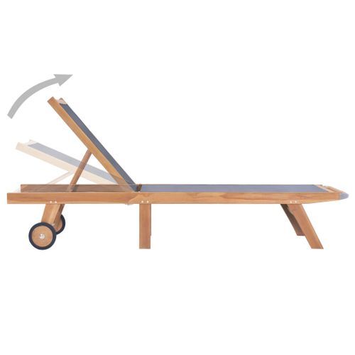 Chaise longue pliable avec roulettes Teck massif et textilène - Photo n°3; ?>
