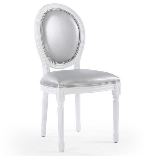 Chaise médaillon bois blanc et simili gris Louis XVI - Lot de 2 - Photo n°2; ?>