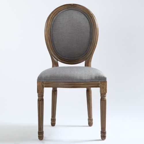 Chaise médaillon bois et tissu gris Louis XVI - Lot de 2 - Photo n°3; ?>