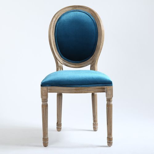Chaise médaillon bois et velours bleu Louis XVI - Lot de 2 - Photo n°3; ?>