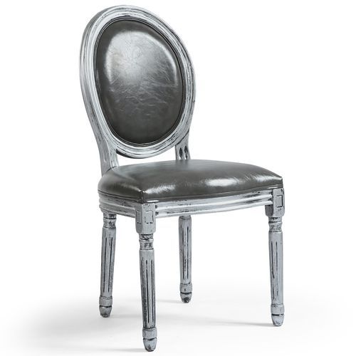 Chaise médaillon bois patiné argenté et simili gris Louis XVI - Lot de 2 - Photo n°2; ?>